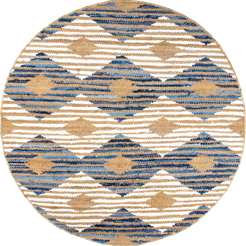 Hand Braided Denim And Jute Striped Diamonds Rug | Off White