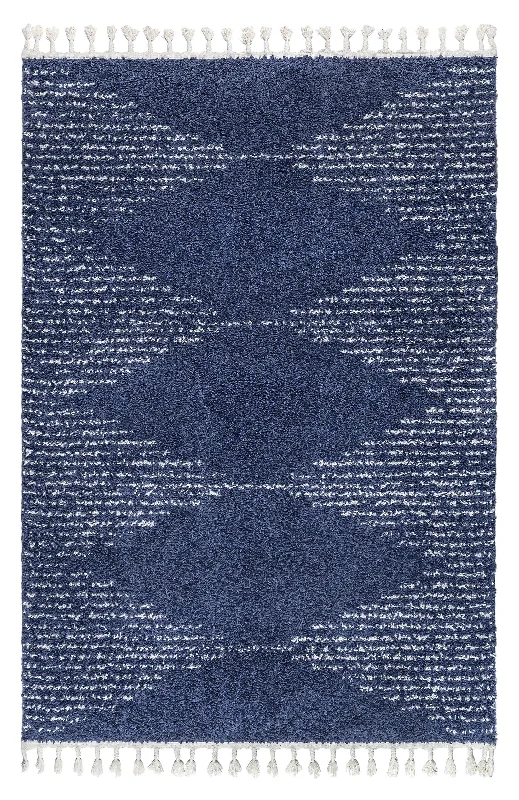 Moroccan Diamond Pinstripes Tassel Rug | Blue