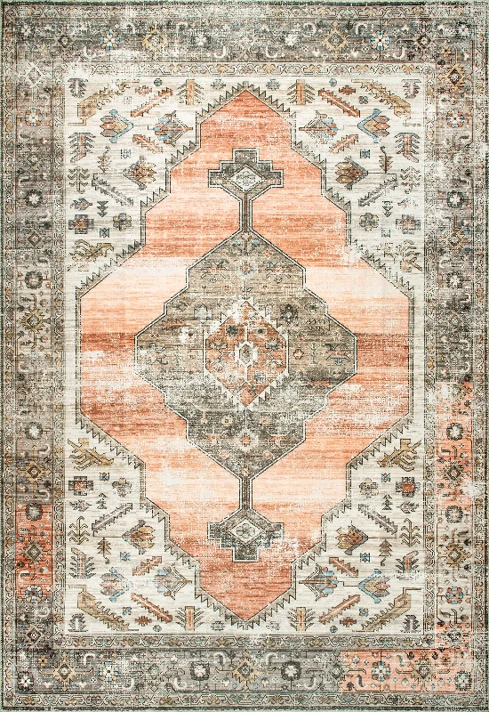 Native Iris Medallion Washable Rug | Peach