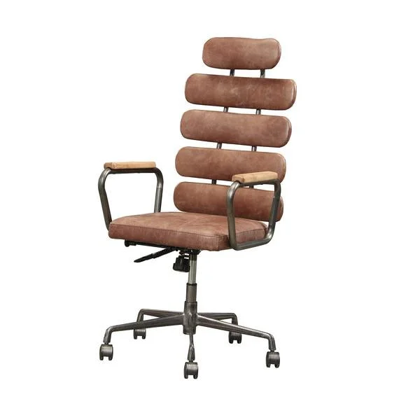 Benzara Leatherette Metal Swivel Executive Chair with Five Horizontal Panels Backrest, Brown and Gray