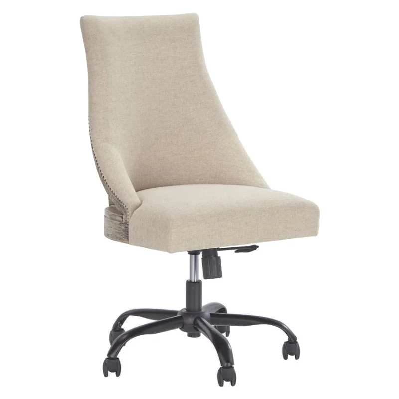 Benzara Wooden Framed Polyester Upholstered Swivel Chair with Nail Head Trim Accents, Beige and Black