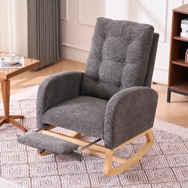 Upholstered High Back Rocking Chair with Footrest, Ergonomic Rubberwood Rocker