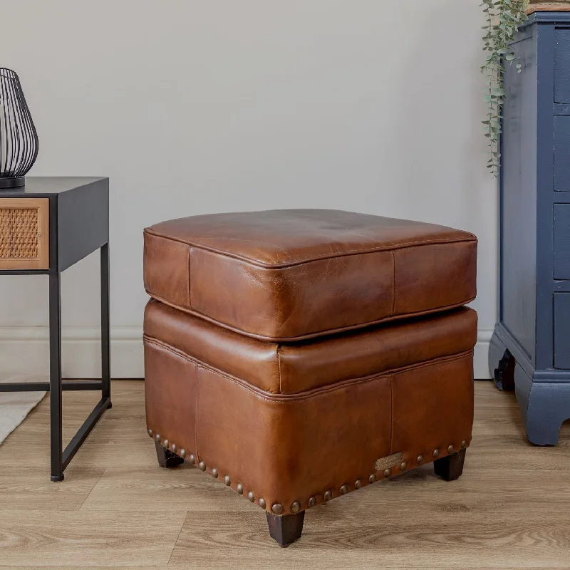 Vintage Brown Leather Footstool