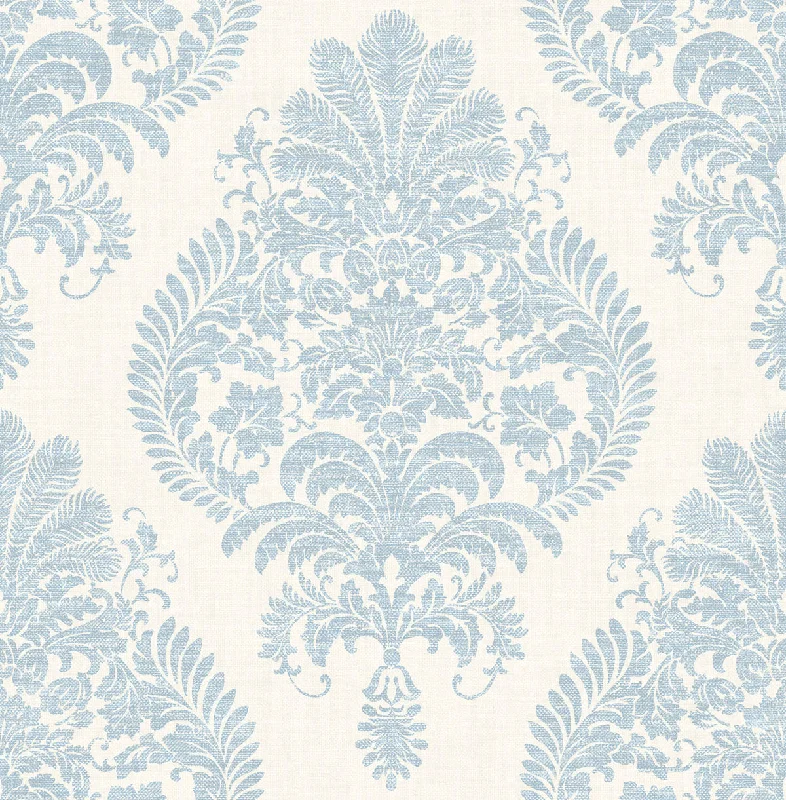 Antigua Damask Wallpaper in Blue Frost and Bone White from the Luxe Retreat Collection