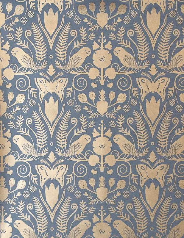 Barn Owls and Hollyhocks Wallpaper in Gold on Charcoal by Carson Ellis