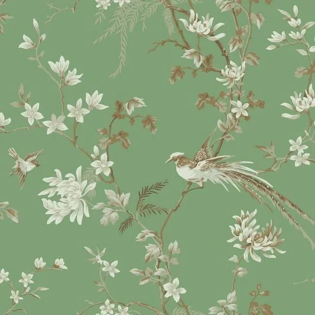 Bird and Blossom Chinoiserie Wallpaper in Green from the 24 Karat Collection