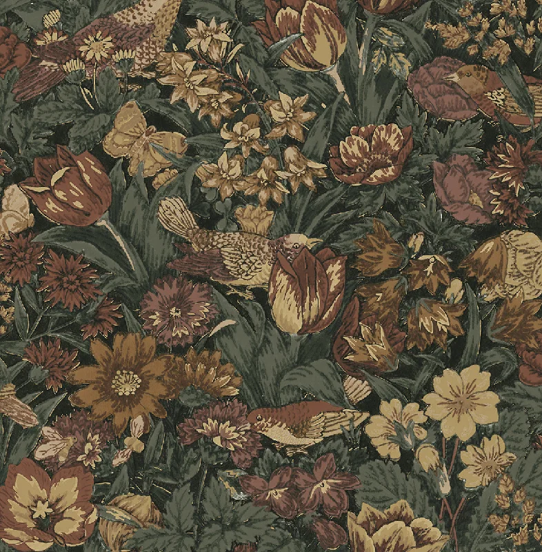 Bird Floral Prepasted Wallpaper in Mahogany/Graphite