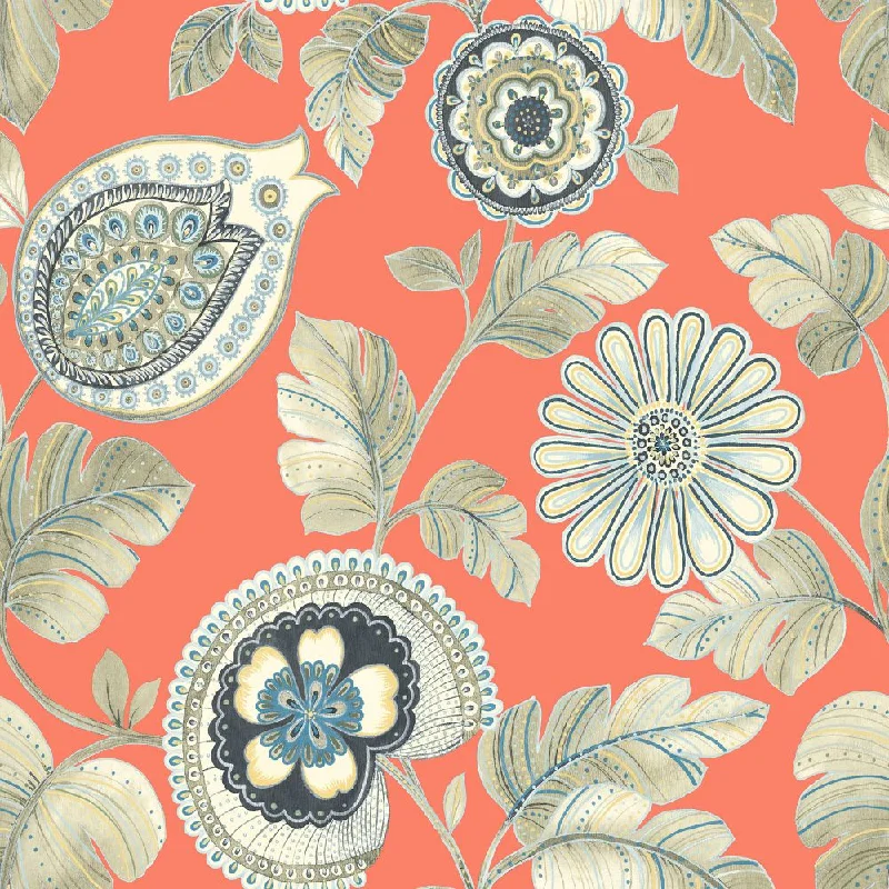 Calypso Paisley Leaf Wallpaper in Coral and Aloe