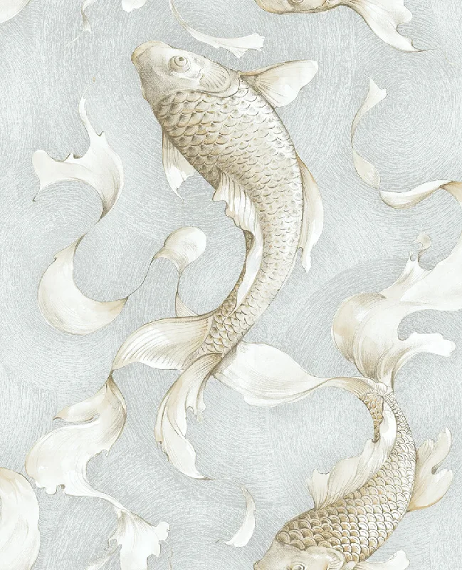 Koi Fish Peel-and-Stick Wallpaper in Metallic Champagne and Grey