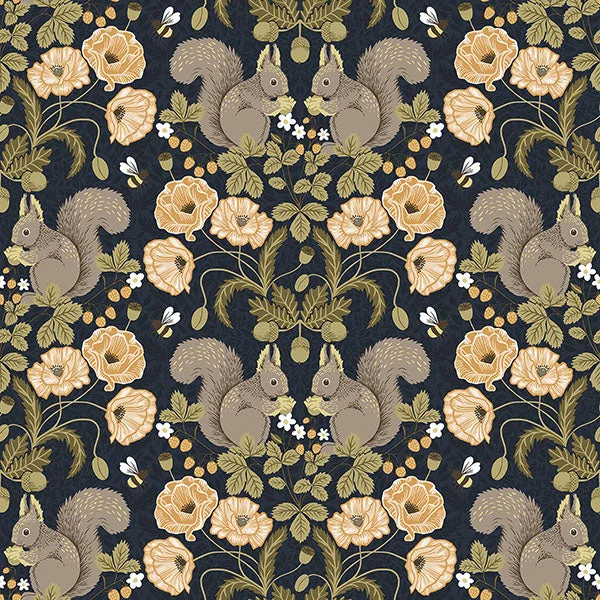 Kurre Dark Blue Woodland Damask Wallpaper