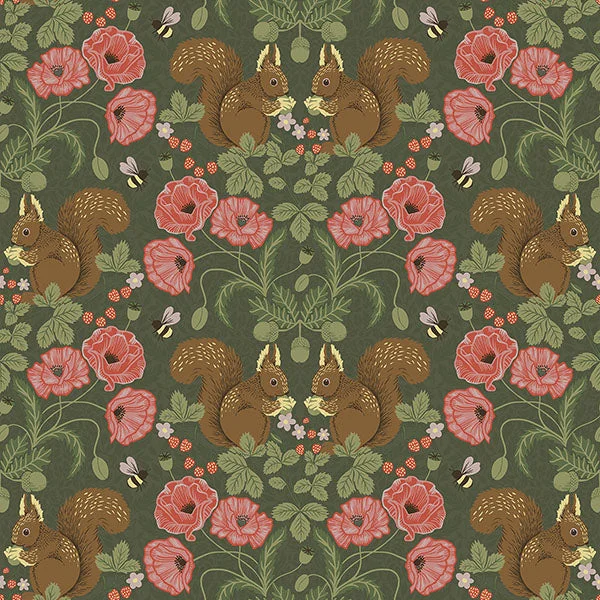 Kurre Dark Green Woodland Damask Wallpaper