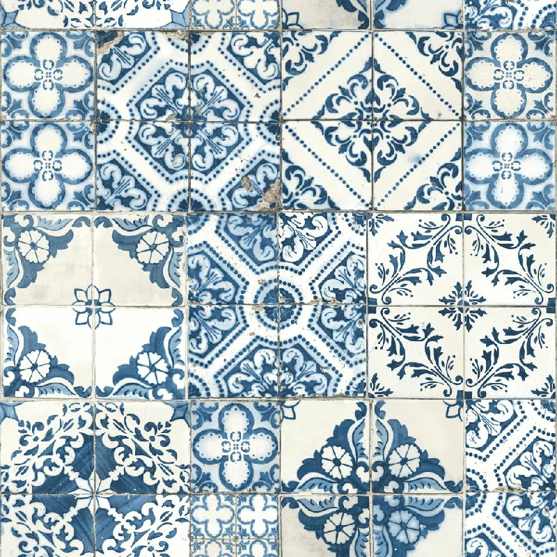 Mediterranean Tile Peel & Stick Wallpaper in Blue by RoomMates for York Wallcoverings