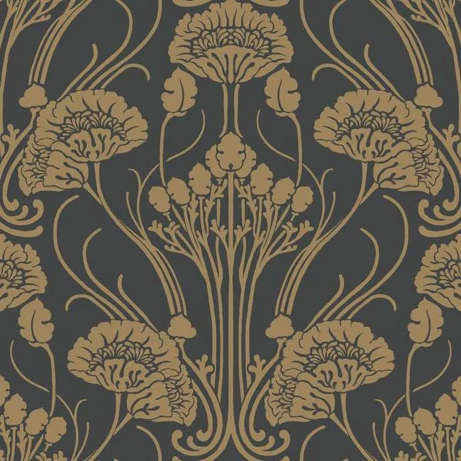 Nouveau Damask Wallpaper in Black and Gold from the Deco Collection