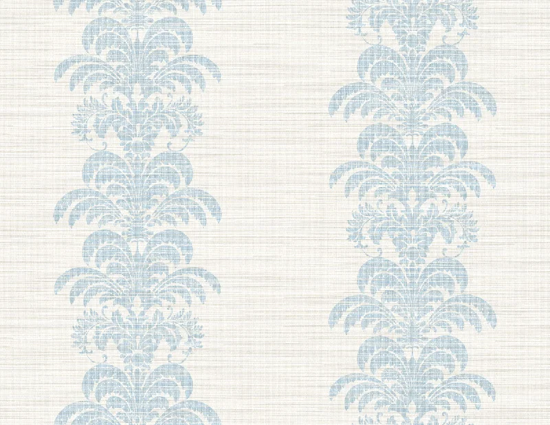 Palm Frond Stripe Stringcloth Wallpaper in Blue Frost and Bone White from the Luxe Retreat Collection