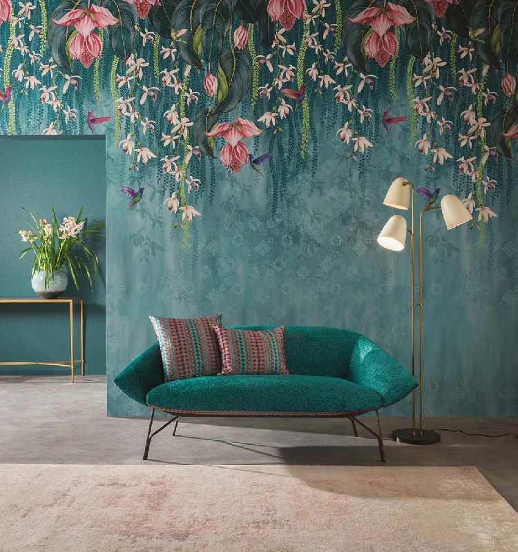 Trailing Orchid Wall Mural in Teal and Pink from the Folium Collection by Osborne & Little