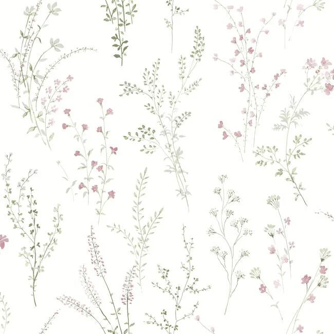 Wildflower Sprigs Wallpaper in Pink and Green from the Simply Farmhouse Collection