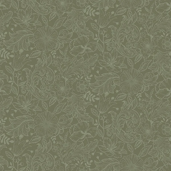 Wilma Green Floral Block Print Wallpaper