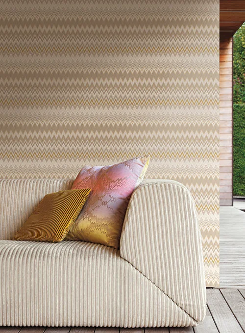 Zig Zag Multicolore Wallpaper in Cream, Tan, and Gold by Missoni Home for York Wallcoverings